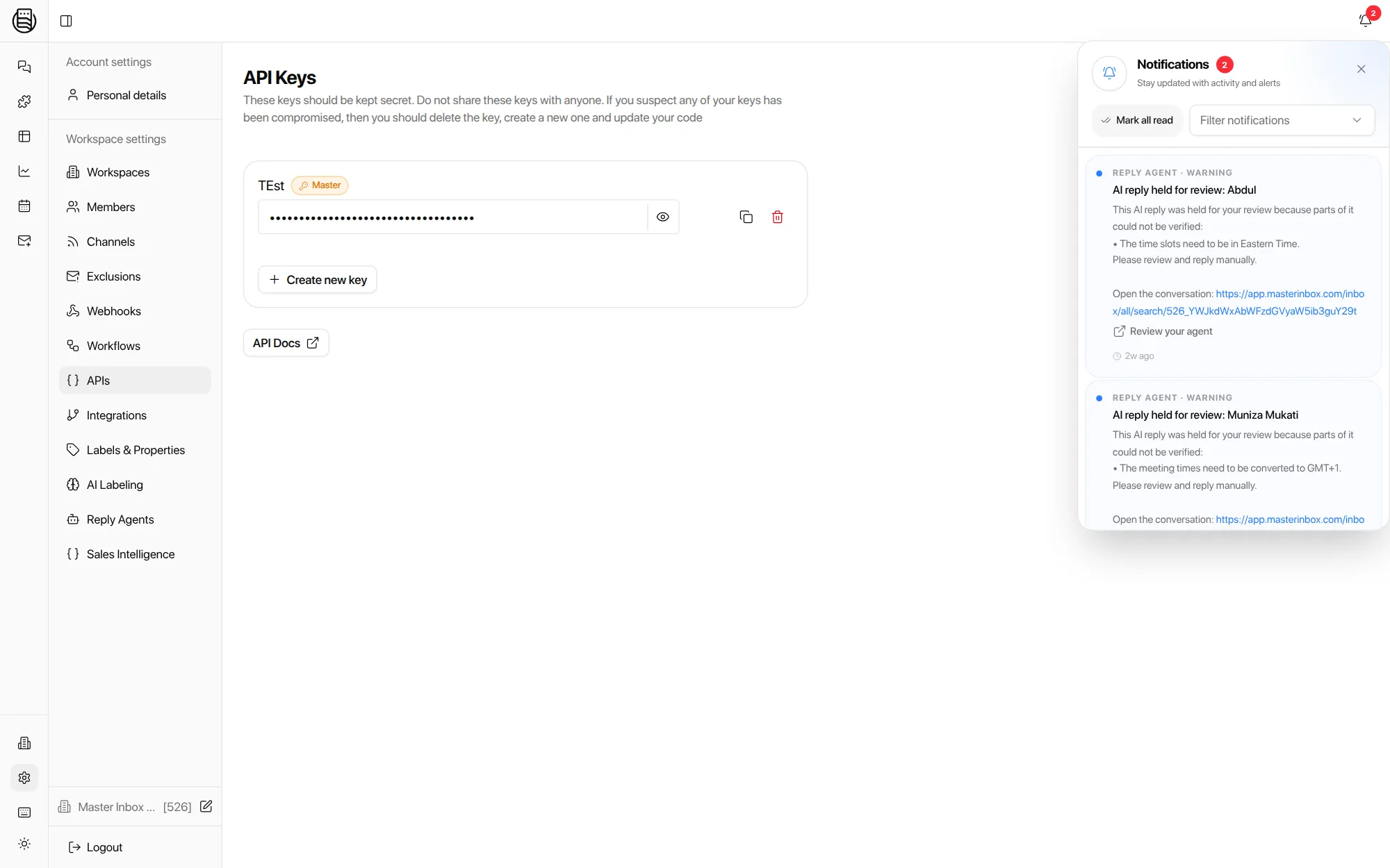 API keys in Master Inbox settings: named keys with a link to the API docs
