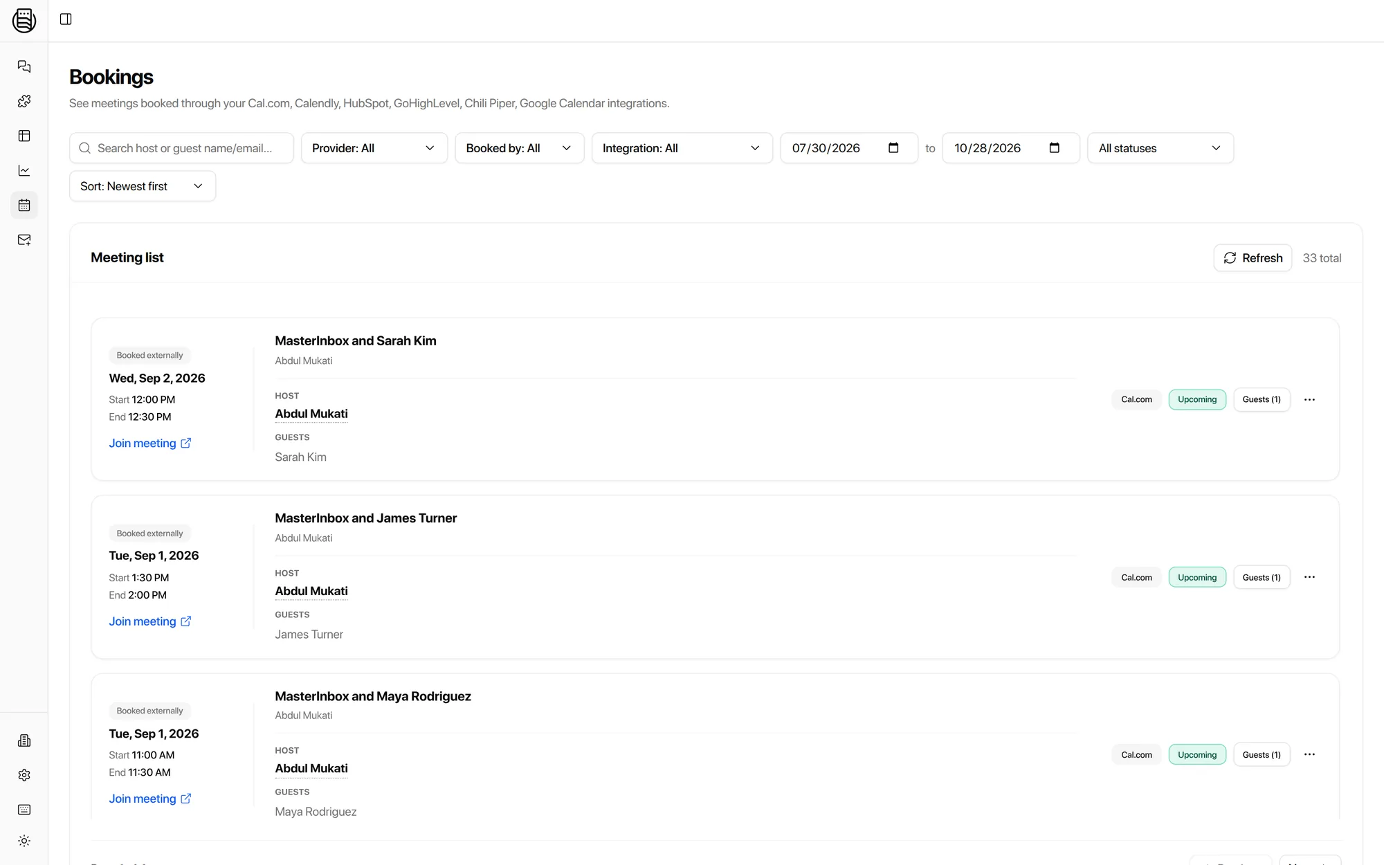 Bookings in Master Inbox: meetings booked by reply agents through Cal.com, Calendly, Chili Piper, HubSpot, GoHighLevel and Google Calendar
