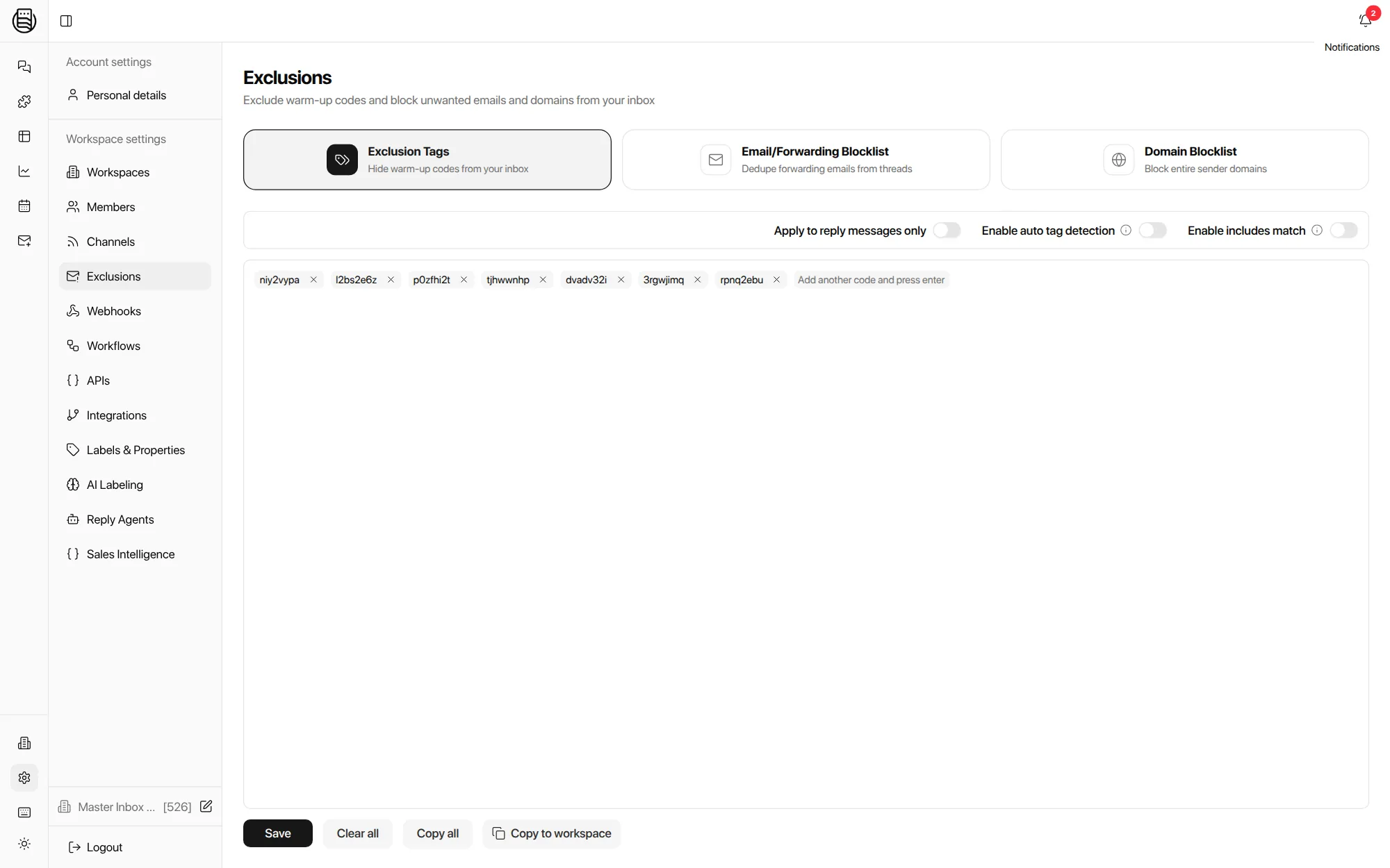 Exclusions in Master Inbox: warm-up code tags hidden from the inbox, a forwarding blocklist that dedupes forwarded emails, and a domain blocklist