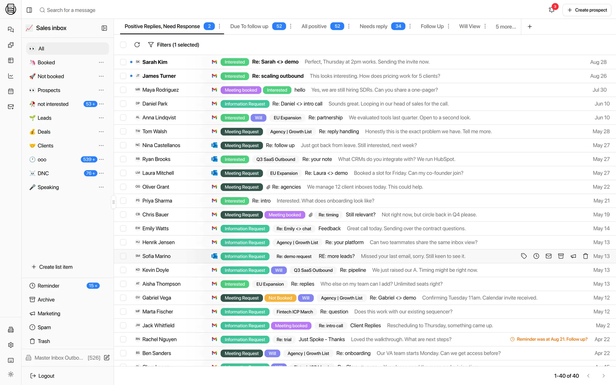 The Master Inbox unified inbox, showing replies threaded per prospect across connected mailboxes.