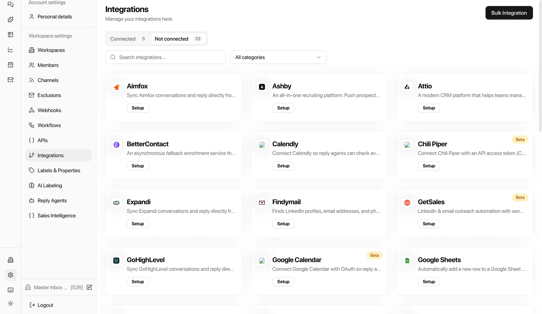 The integrations catalog inside Master Inbox, where Aimfox and Pipedrive get connected