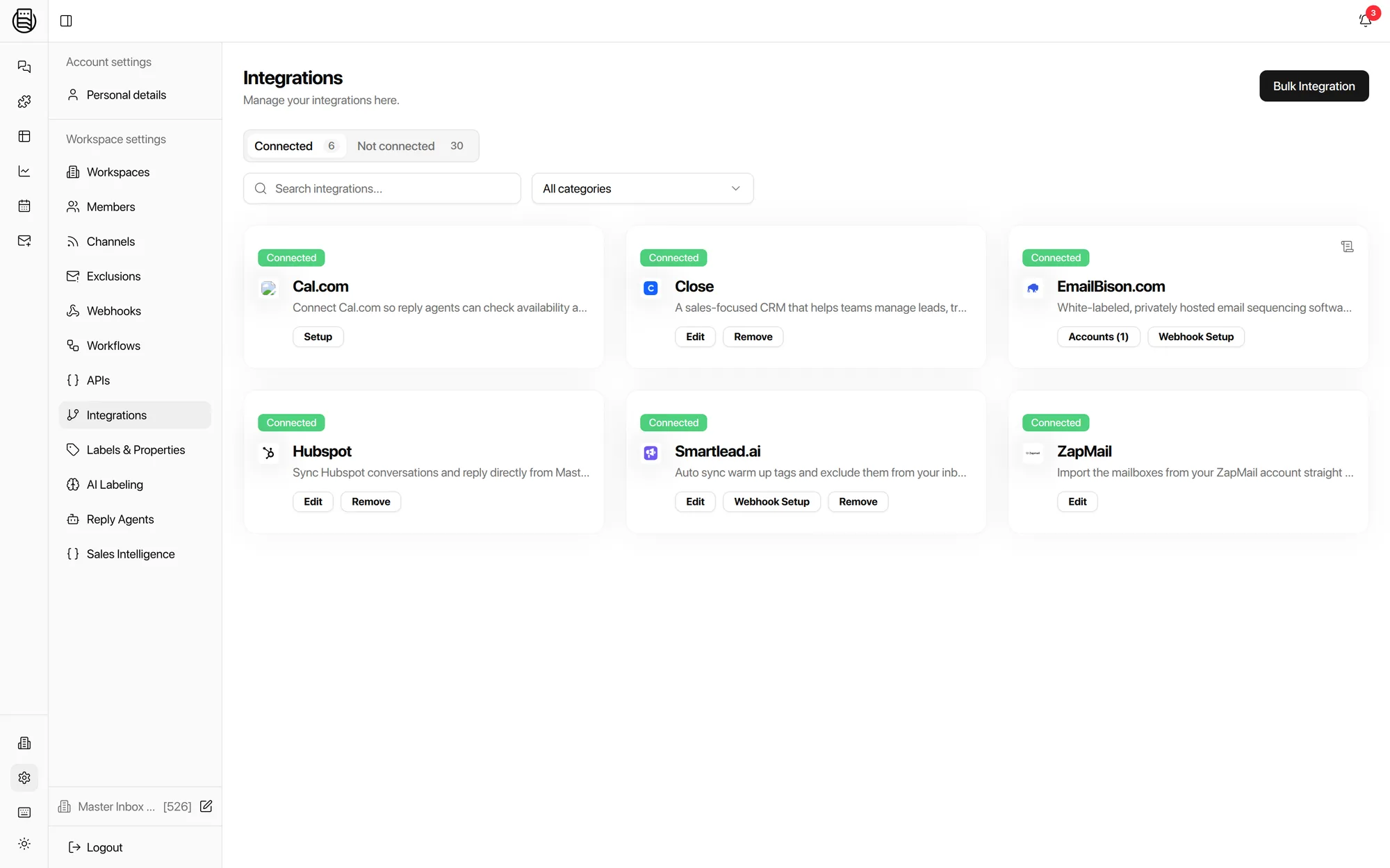 Master Inbox integrations: HubSpot, sequencers and LinkedIn tools connected in one workspace