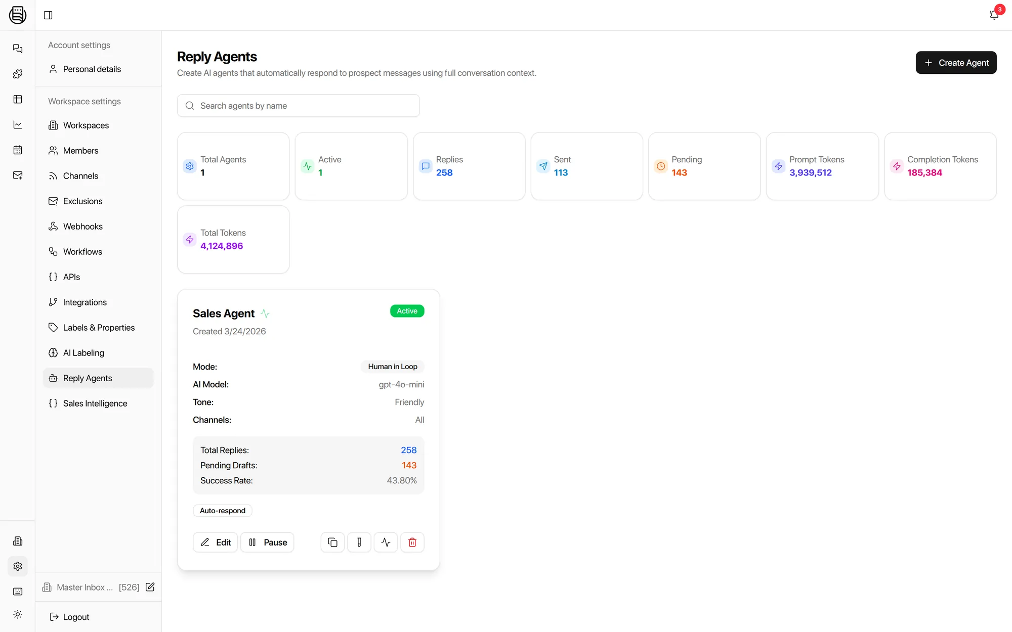 Reply Agents dashboard in Master Inbox: human-in-loop mode, replies drafted, pending reviews and success rate