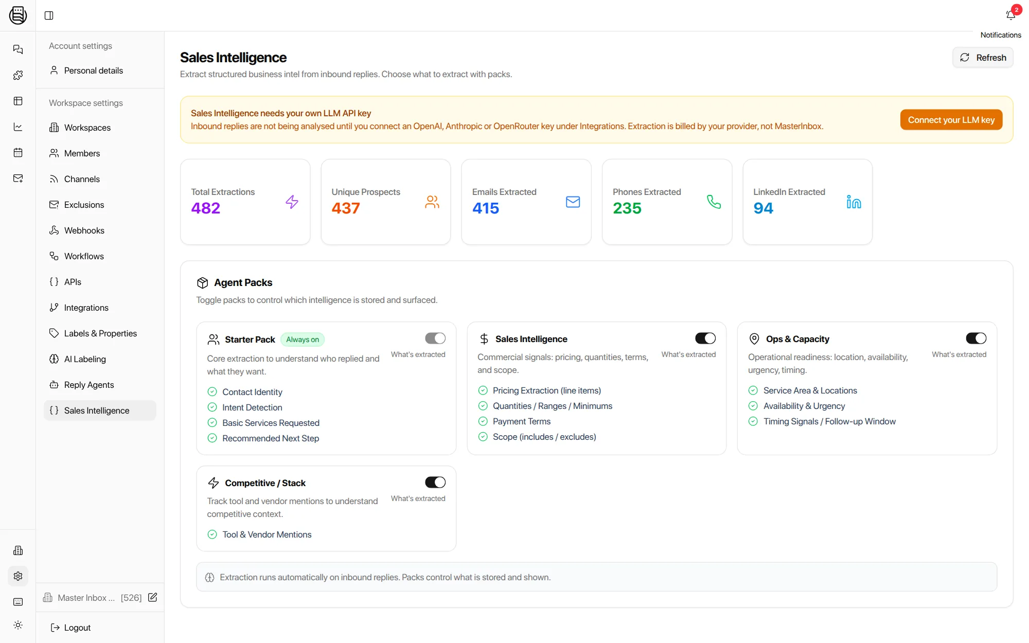 Sales Intelligence in Master Inbox: extraction packs for contact identity, intent, pricing signals, availability and tool mentions, with extraction counts
