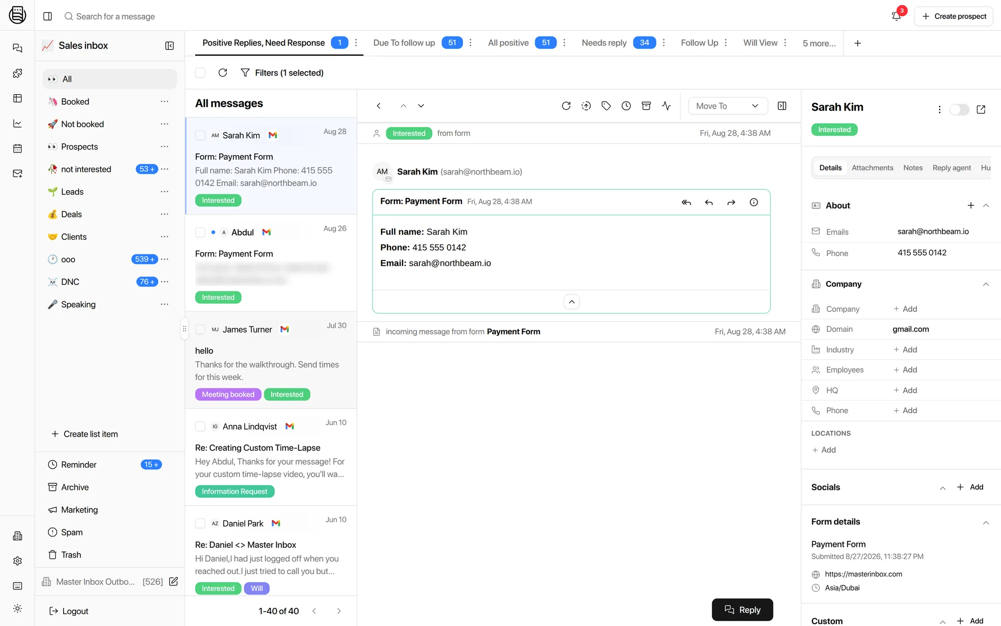 A form submission inside Master Inbox: labeled Interested, threaded with full prospect details and form answers