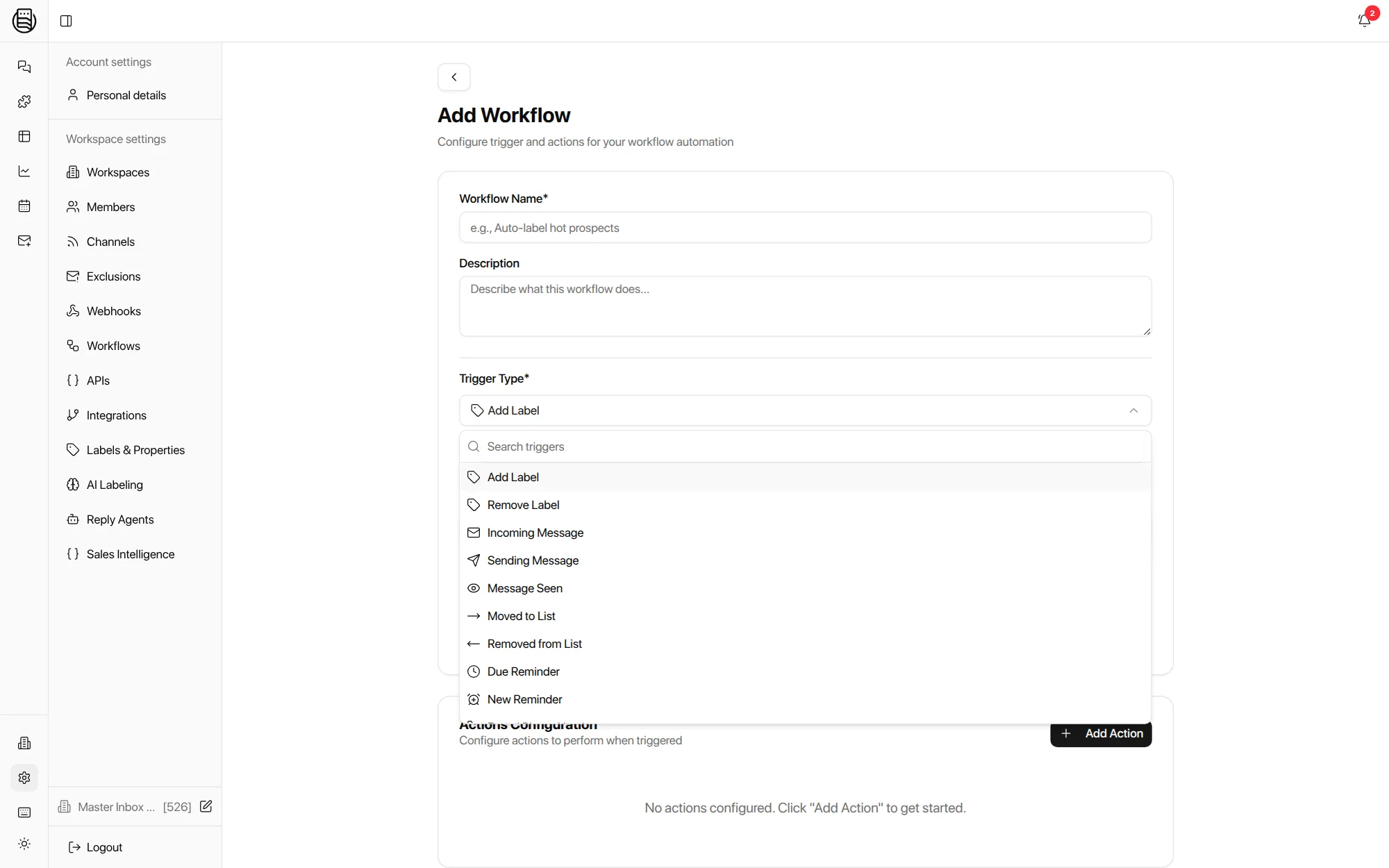 Adding a workflow in Master Inbox: the trigger list with Add Label, Incoming Message, Meeting Booked, Meeting No-show, Incoming Webhook and more