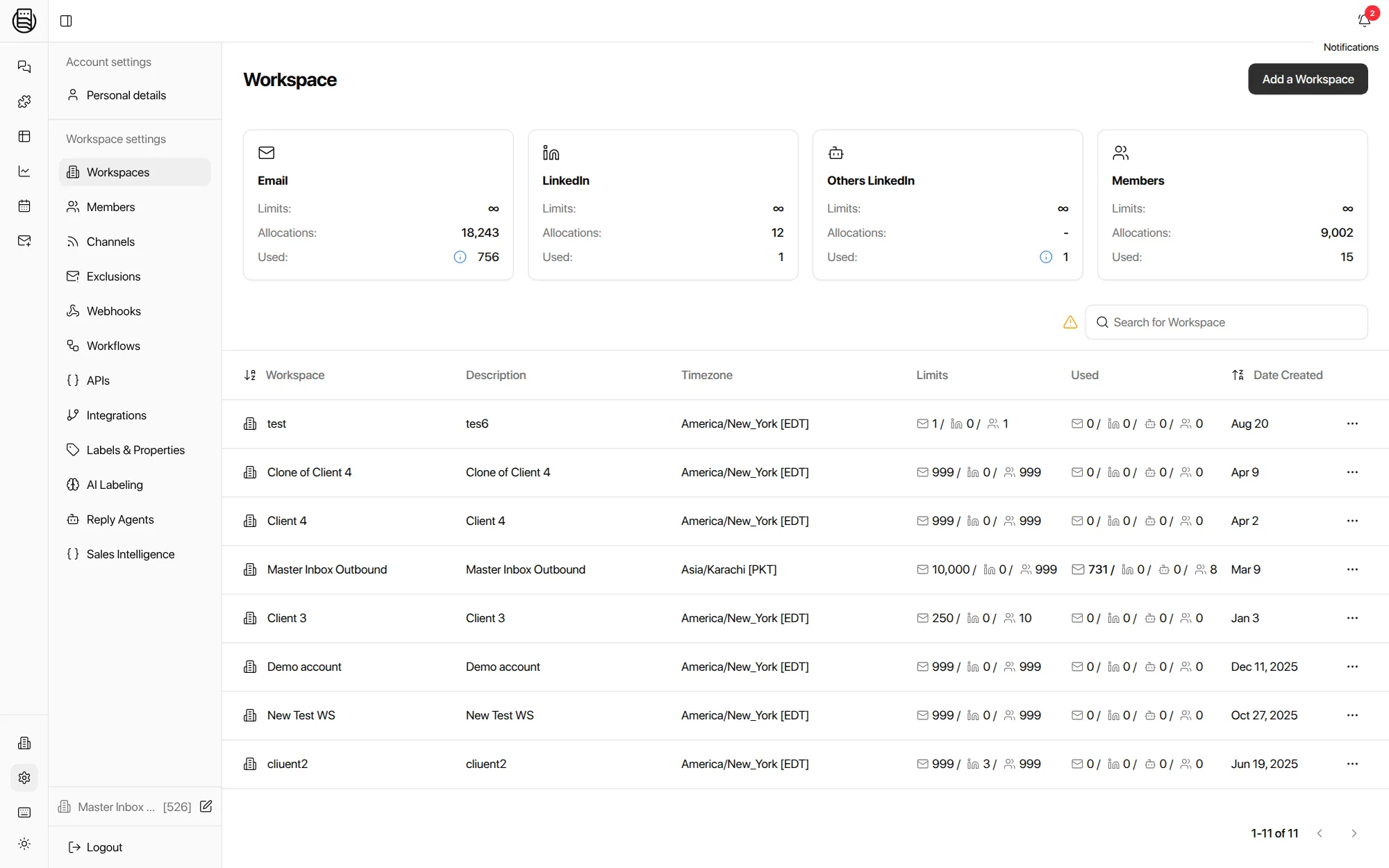 Workspaces in Master Inbox: one row per client with mailbox, LinkedIn and member limits, usage and timezone, plus a Clone of Client 4